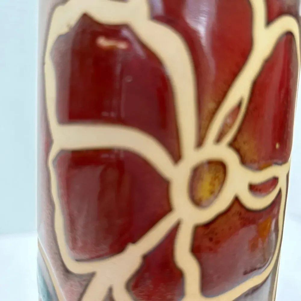 Vintage 1970's Art Pottery Tiki Cylinder Vases Embossed‎ Floral Motif Set of 2